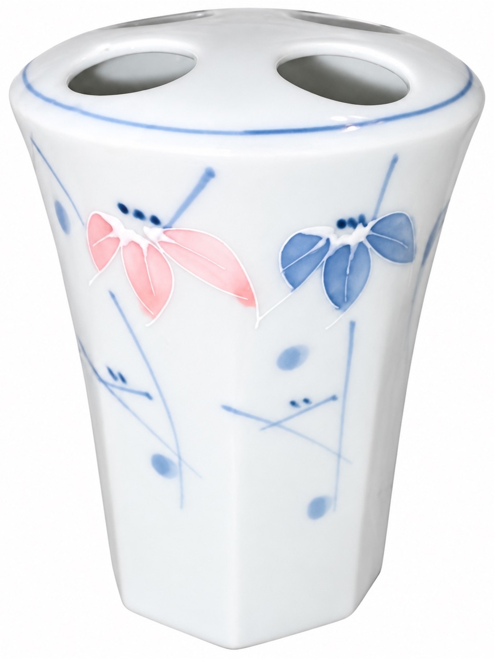 Porcelain Toothbrush Holder with Pink and Blue Floral Motif